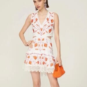 Waimari Lola Dress embroidered white orange floral  mini Size Medium